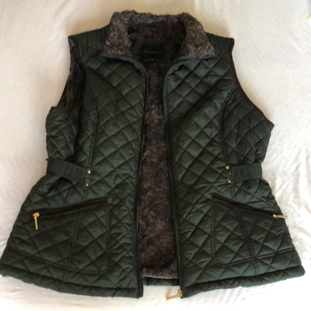 Dark green fur lined vest with gold hardware